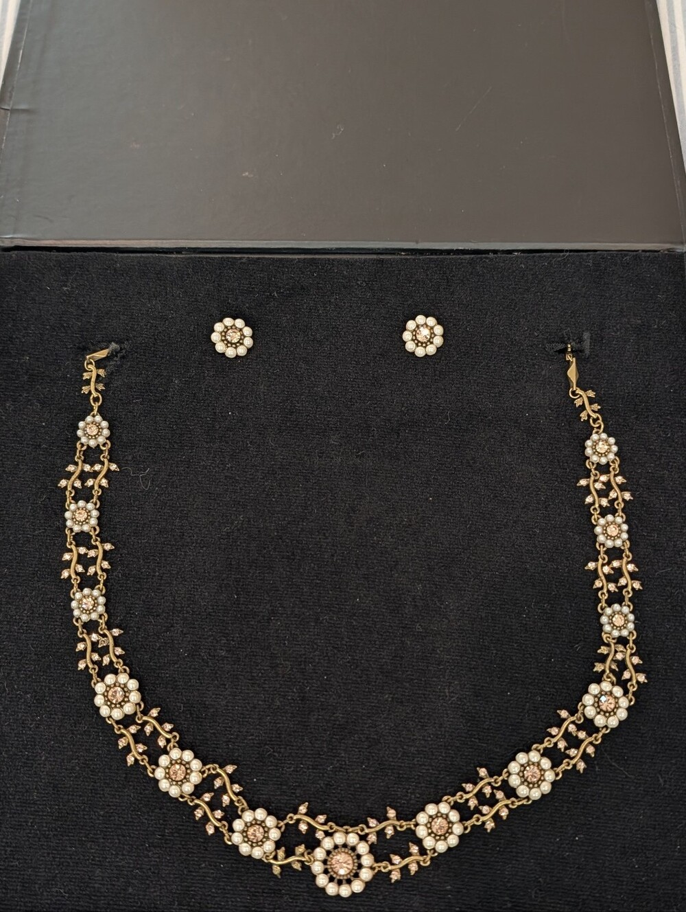 Michal Negrin Ornate Gold Cream Floral Pearl Necklace with Earrings Set In Box